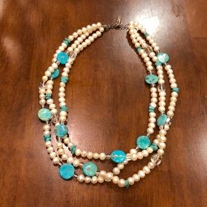 Pearl, turquoise, and glass beaded necklace